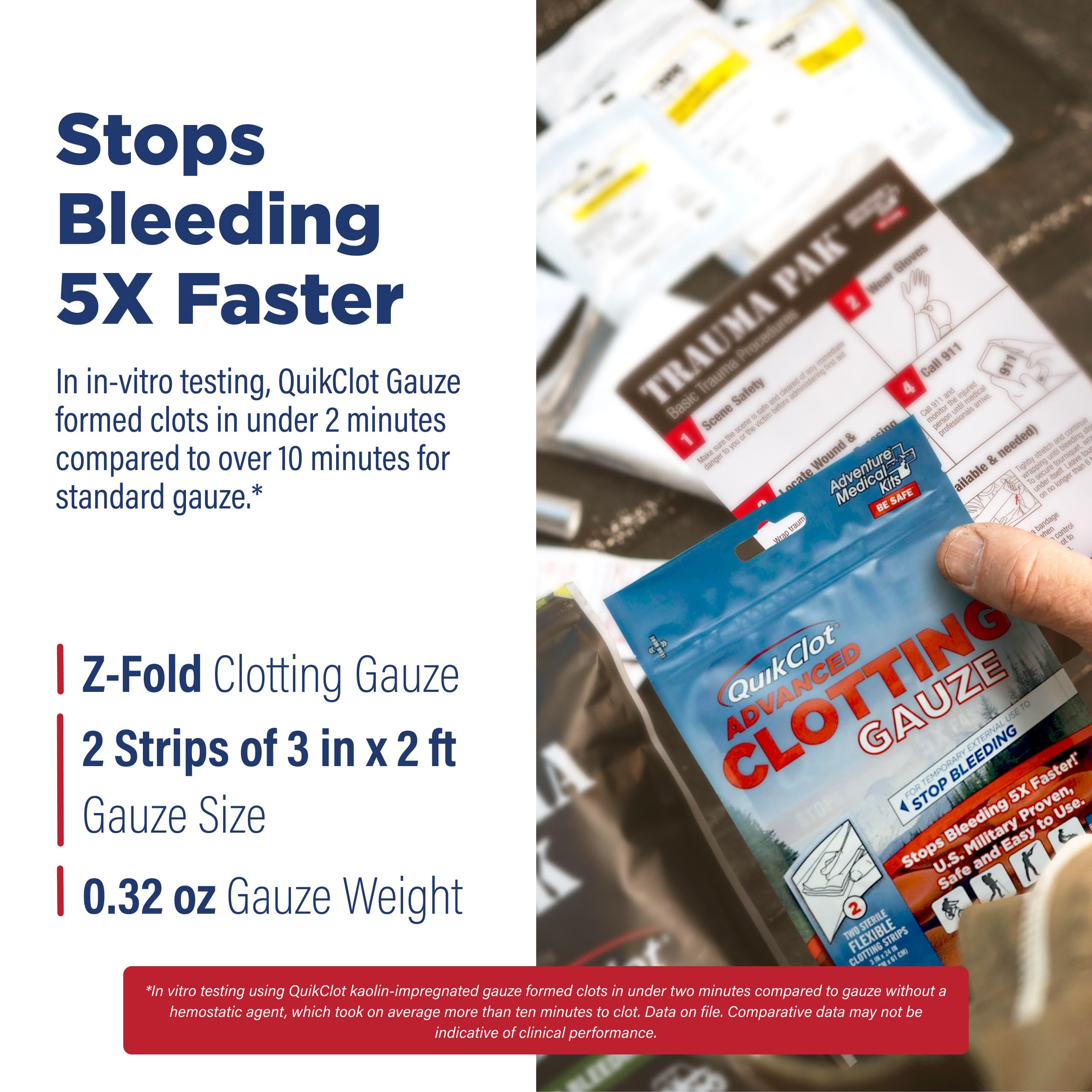 QuikClot Gauze applied to wound during controlled bleeding scenario.