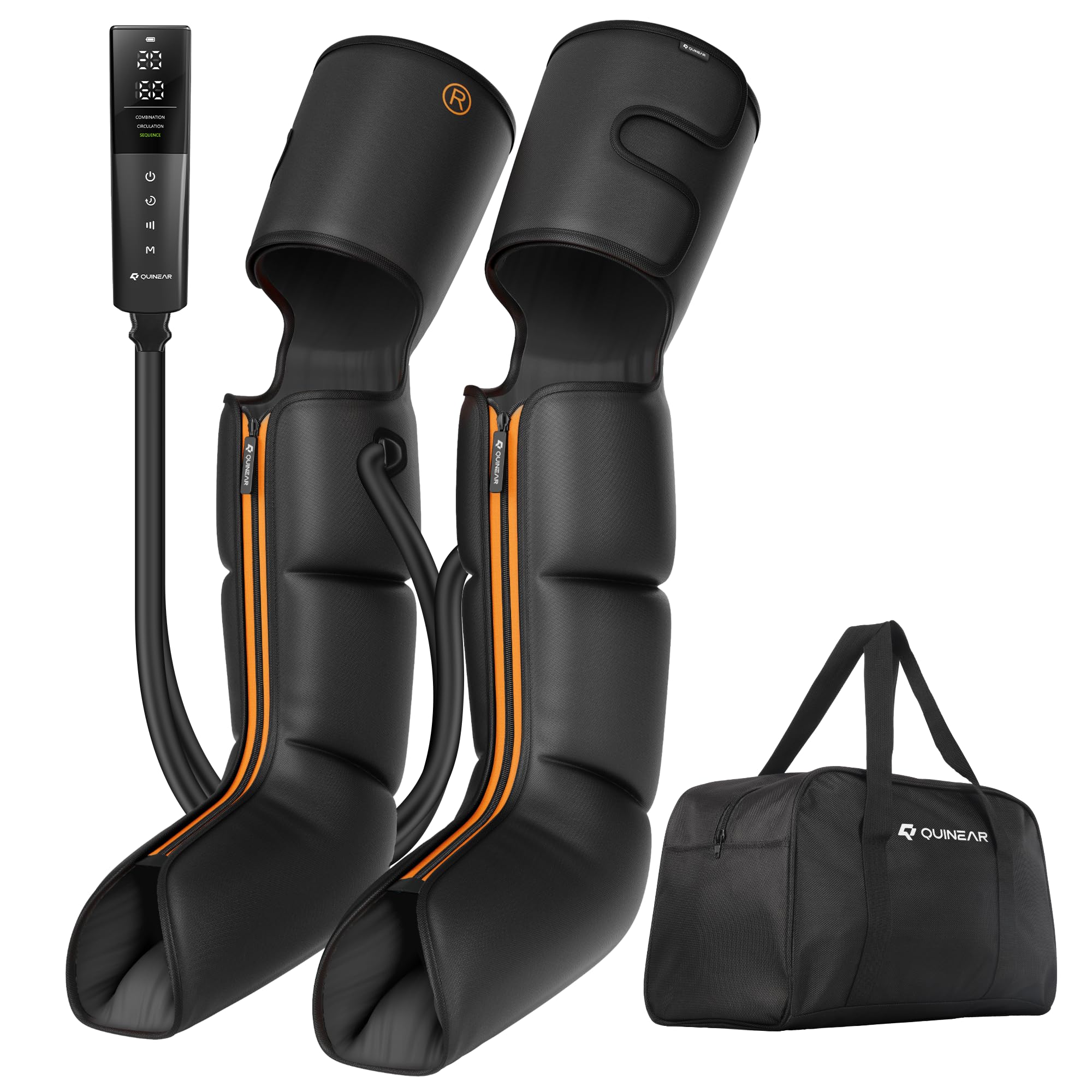 QUINEAR advanced cordless full-leg massage front view for on-the-go leg restoration and swelling relief.