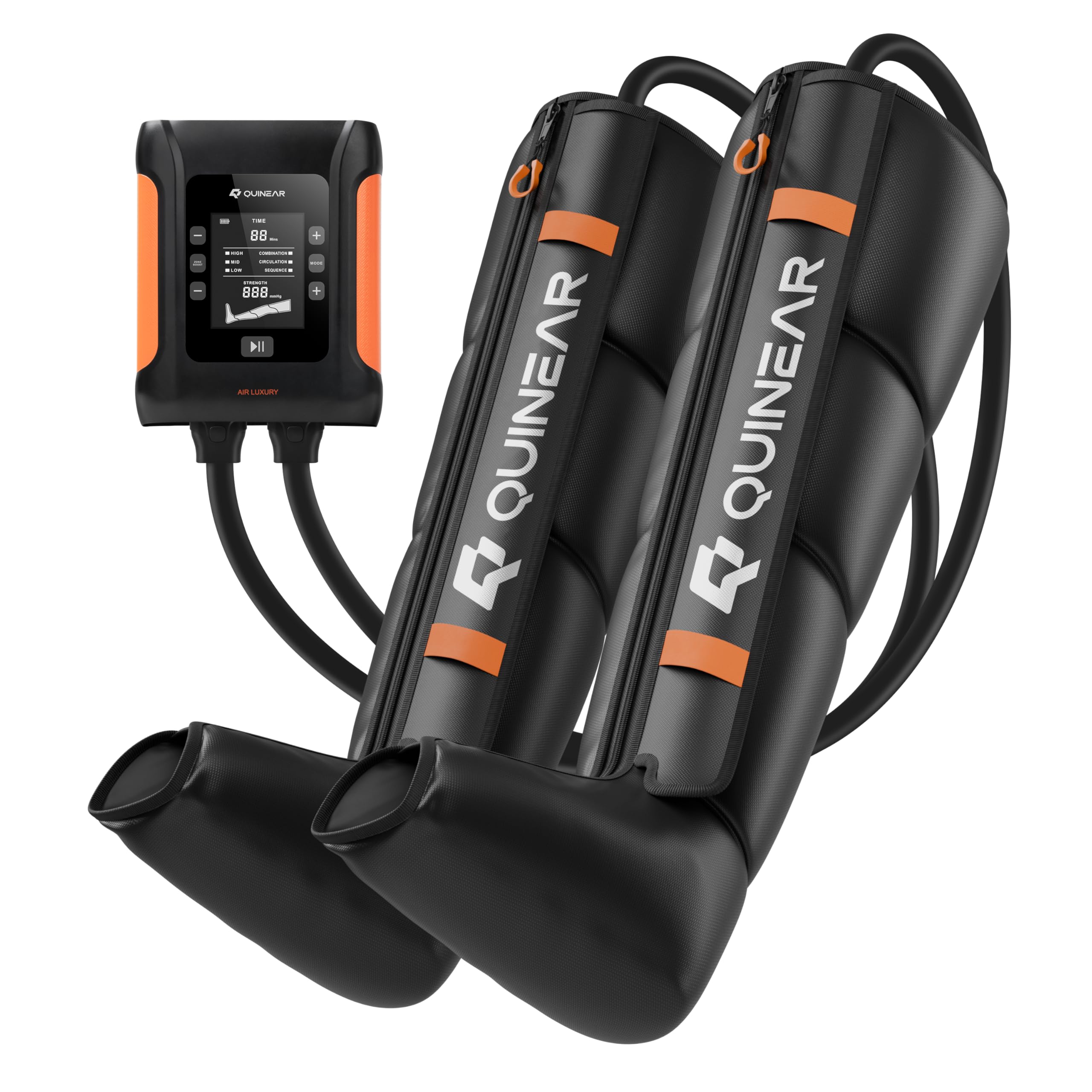 QUINEAR cordless leg recovery boot worn on leg for targeted massage
