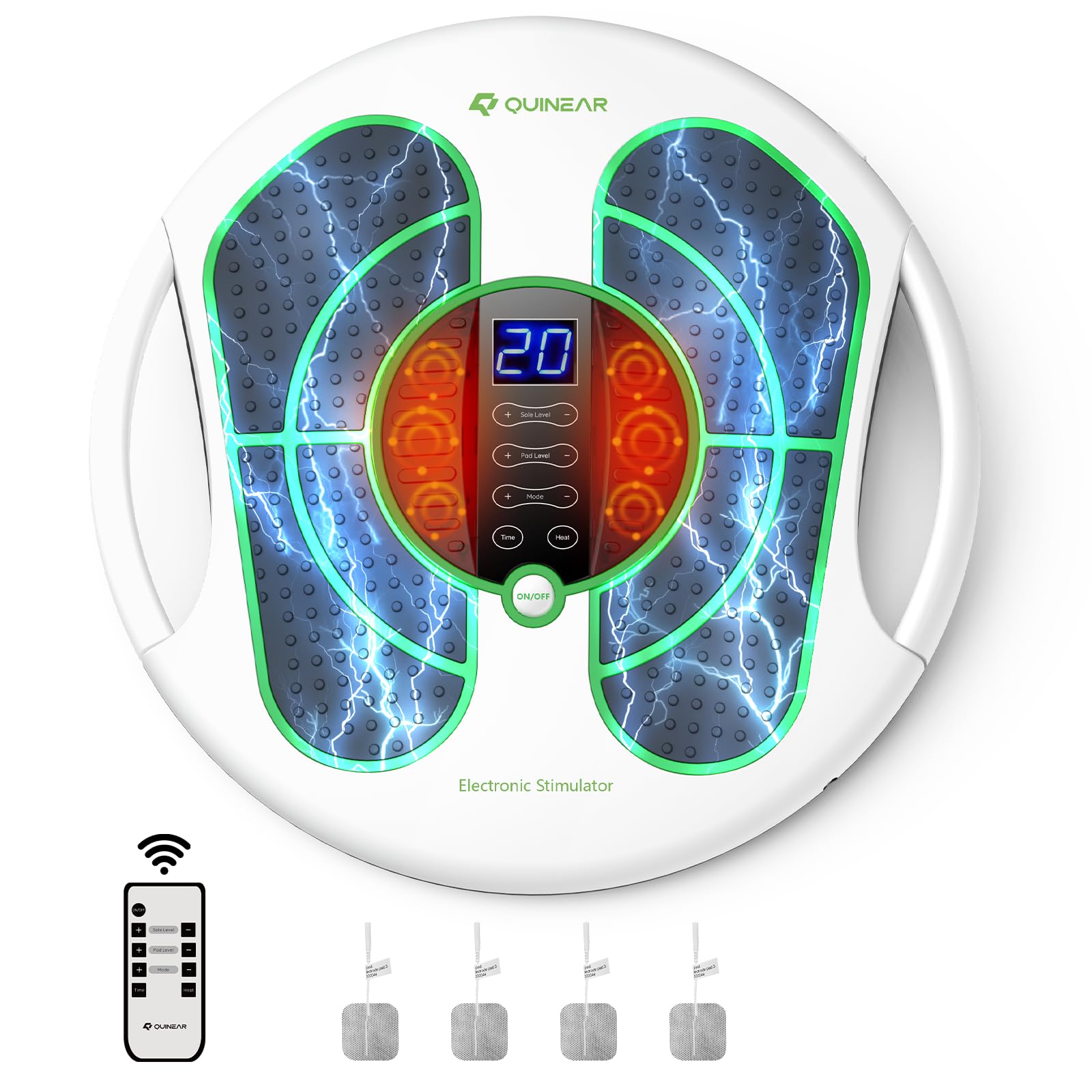 QUINEAR foot massager with remote control for easy operation and custom sessions.