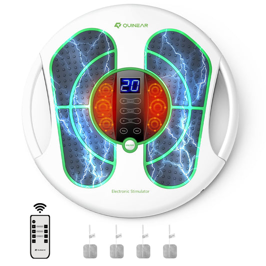 QUINEAR foot massager with remote control for easy operation and custom sessions.