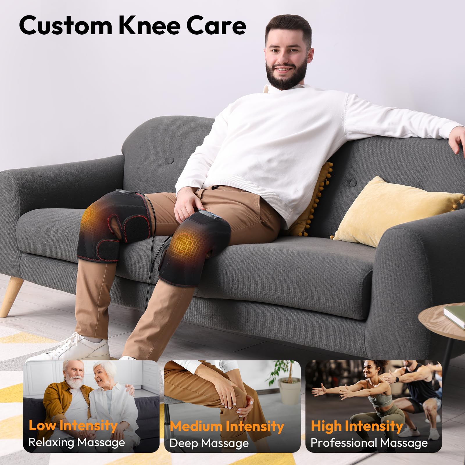QUINEAR knee massager side view, wrap-around comfort and adjustable fit