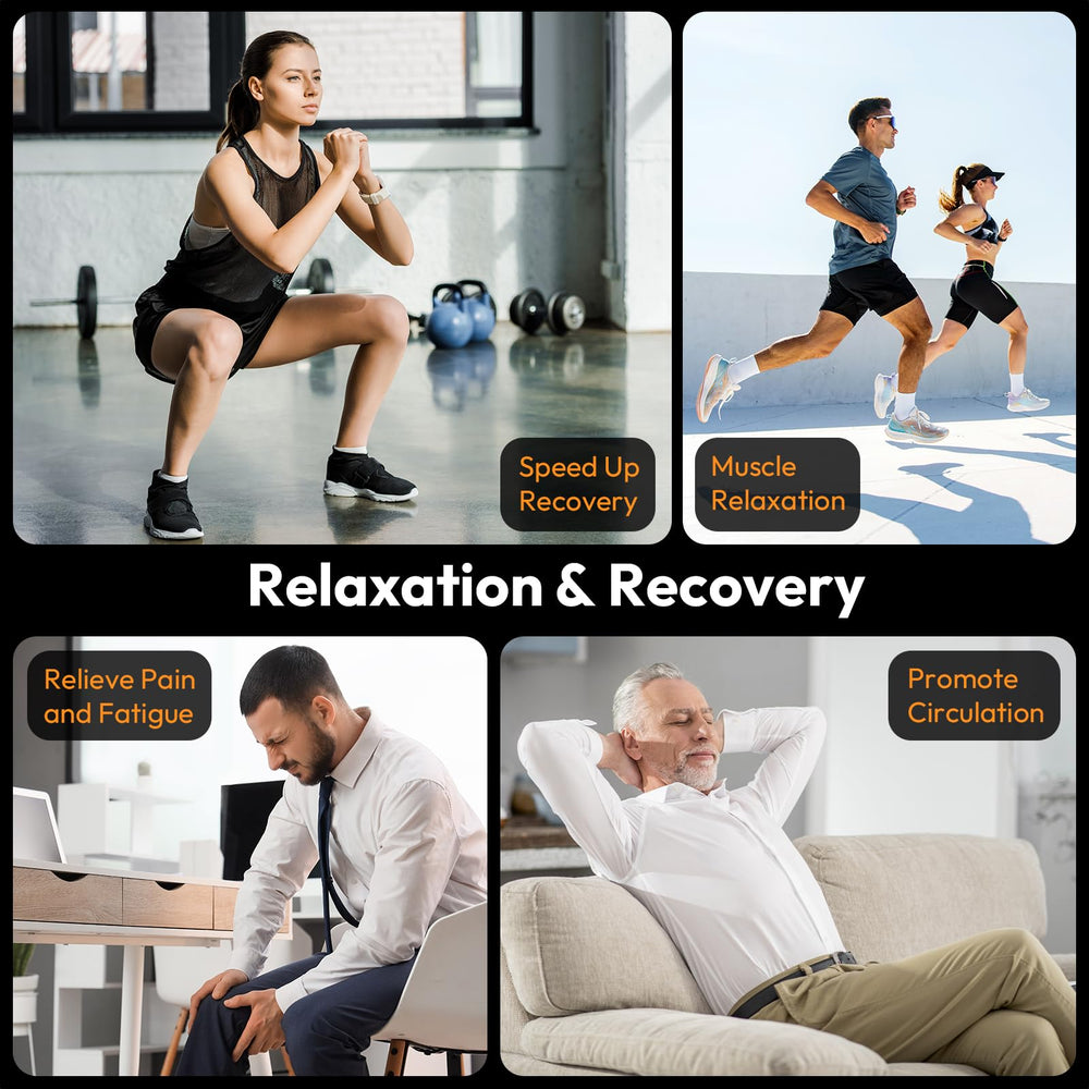 QUINEAR knee massager worn on knee, demonstrates targeted relief during rest