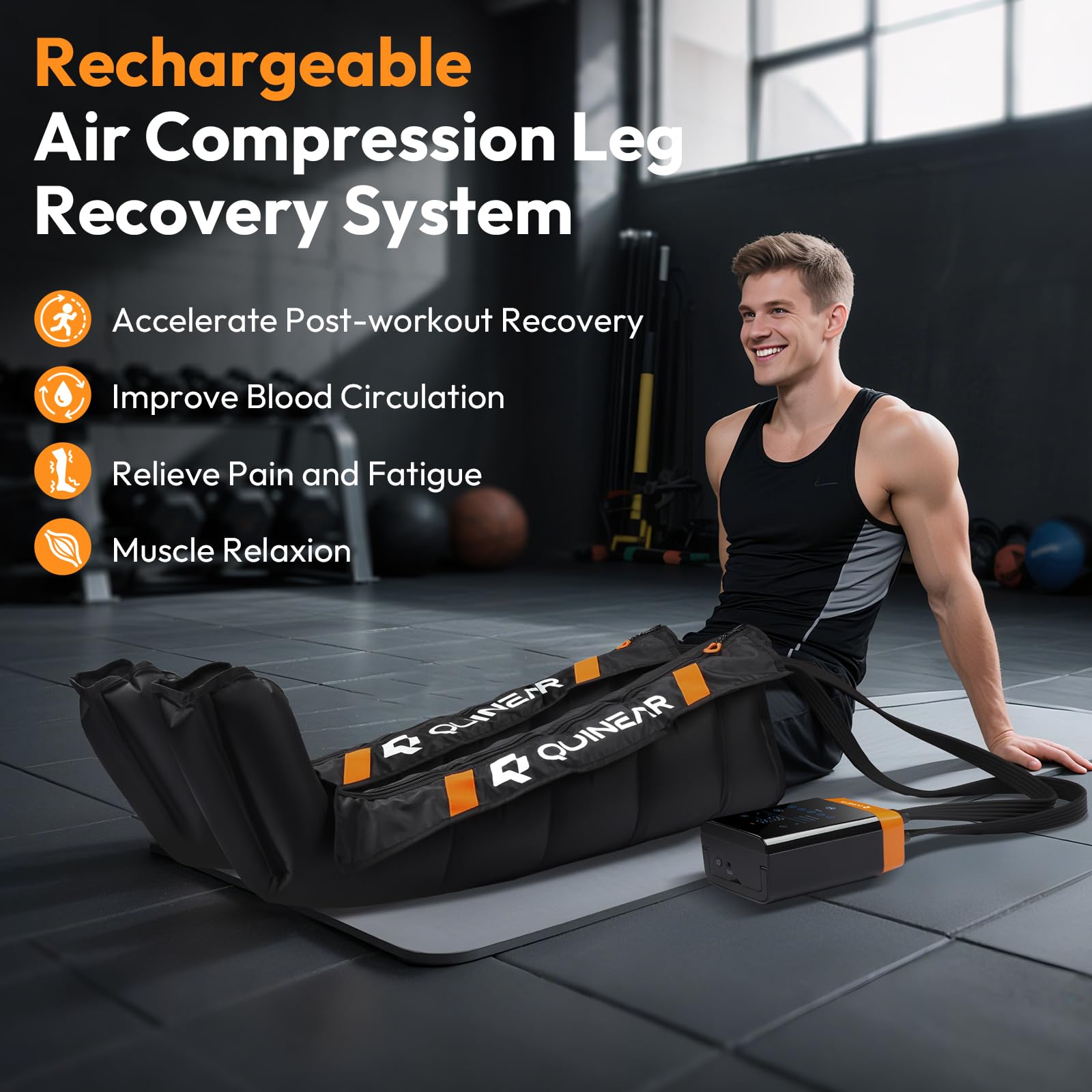 QUINEAR leg massager showing 11 levels and 3 modes for customizable relief.