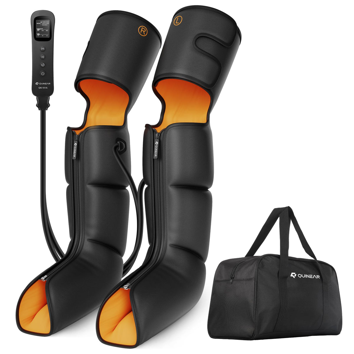 QUINEAR leg massager with compression wrapped around the legs for improved circulation.