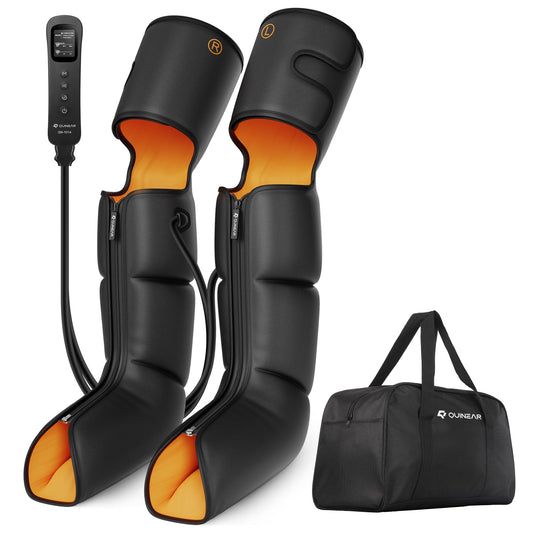 QUINEAR leg massager with compression wrapped around the legs for improved circulation.