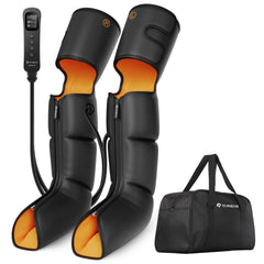 QUINEAR leg massager with compression wrapped around the legs for improved circulation.