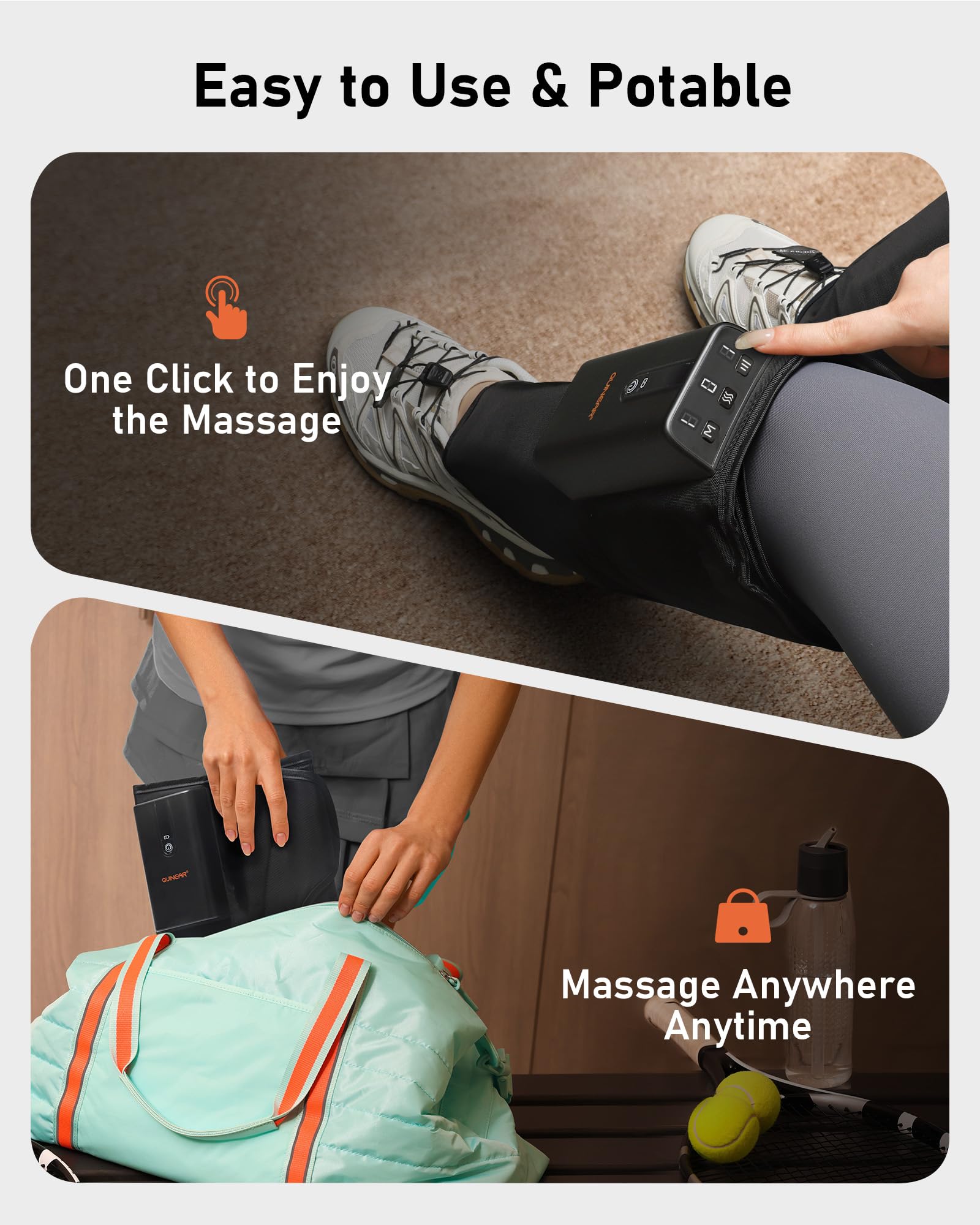 QUINEAR portable calf massager with carrying bag for travel.