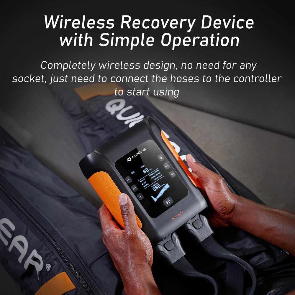 QUINEAR wireless recovery boot in use on legs after training.