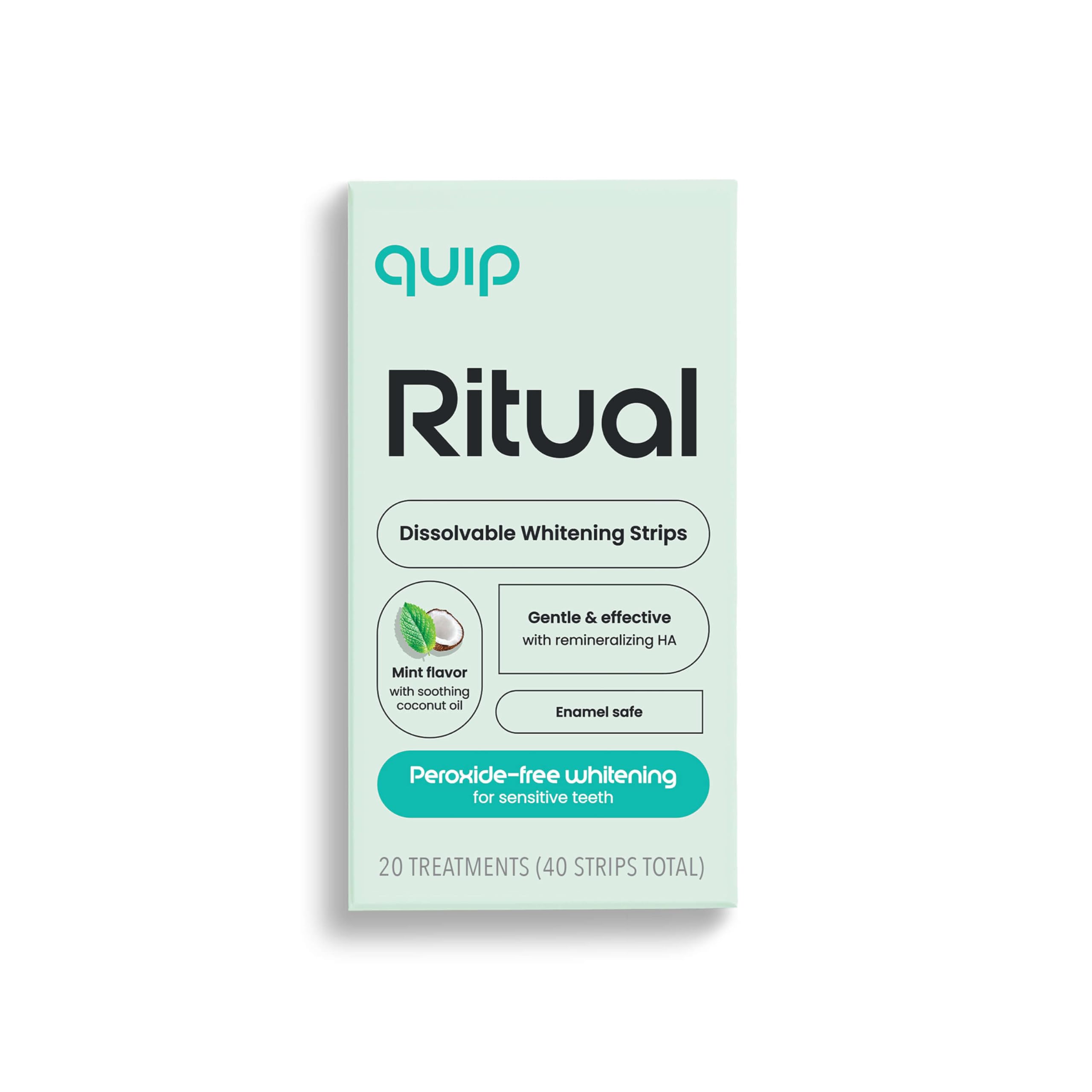 Quip Ritual dissolvable strips box front showing 20 treatments for gentle whitening