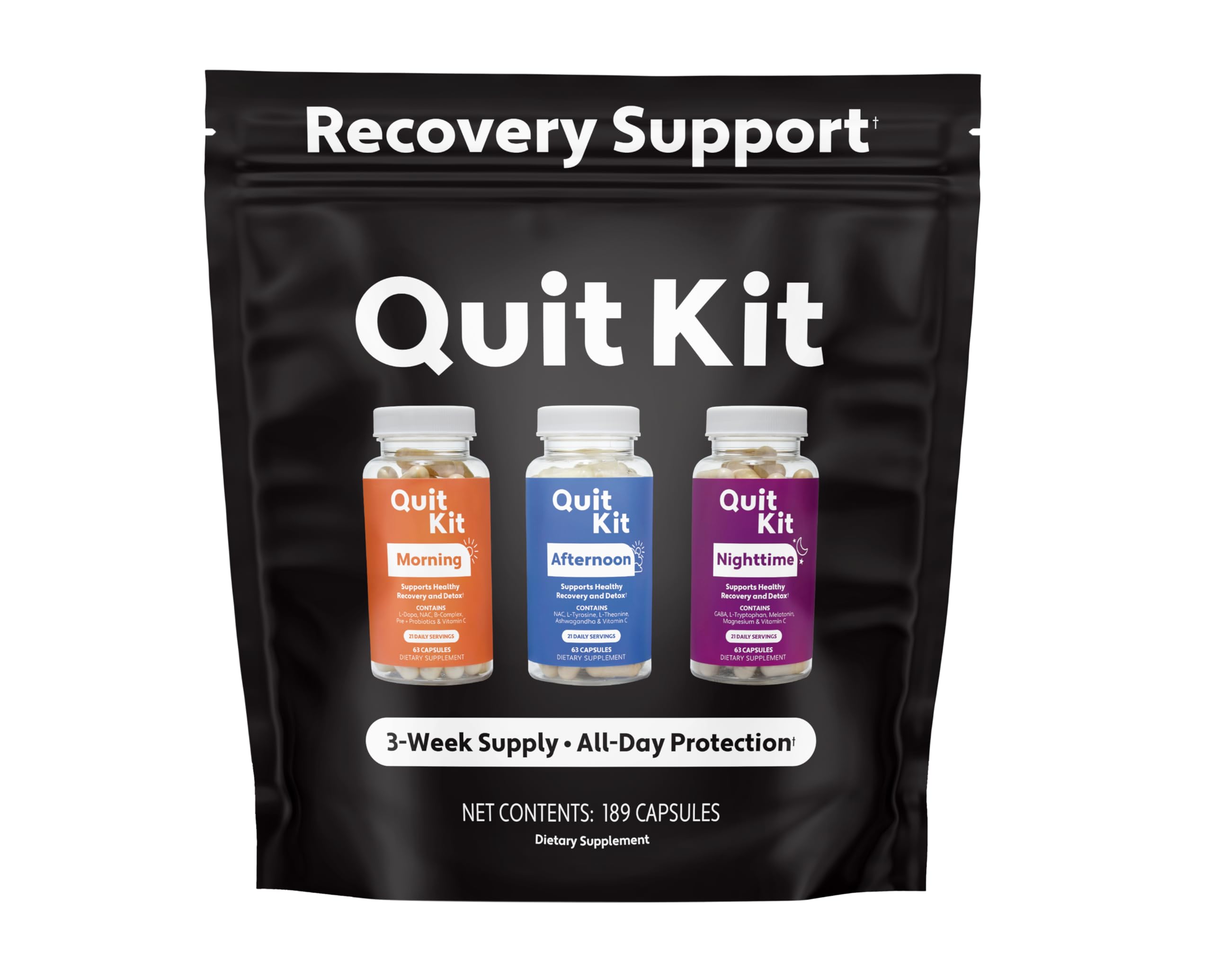 Quit Kit detox pills bottle for withdrawals relief and daily detox routine.