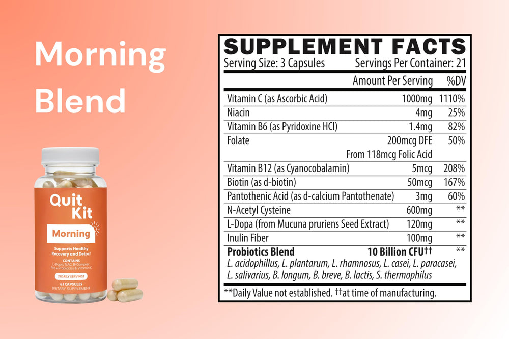 Quit Kit evening sleep aid capsules laid out for a relaxed night routine.