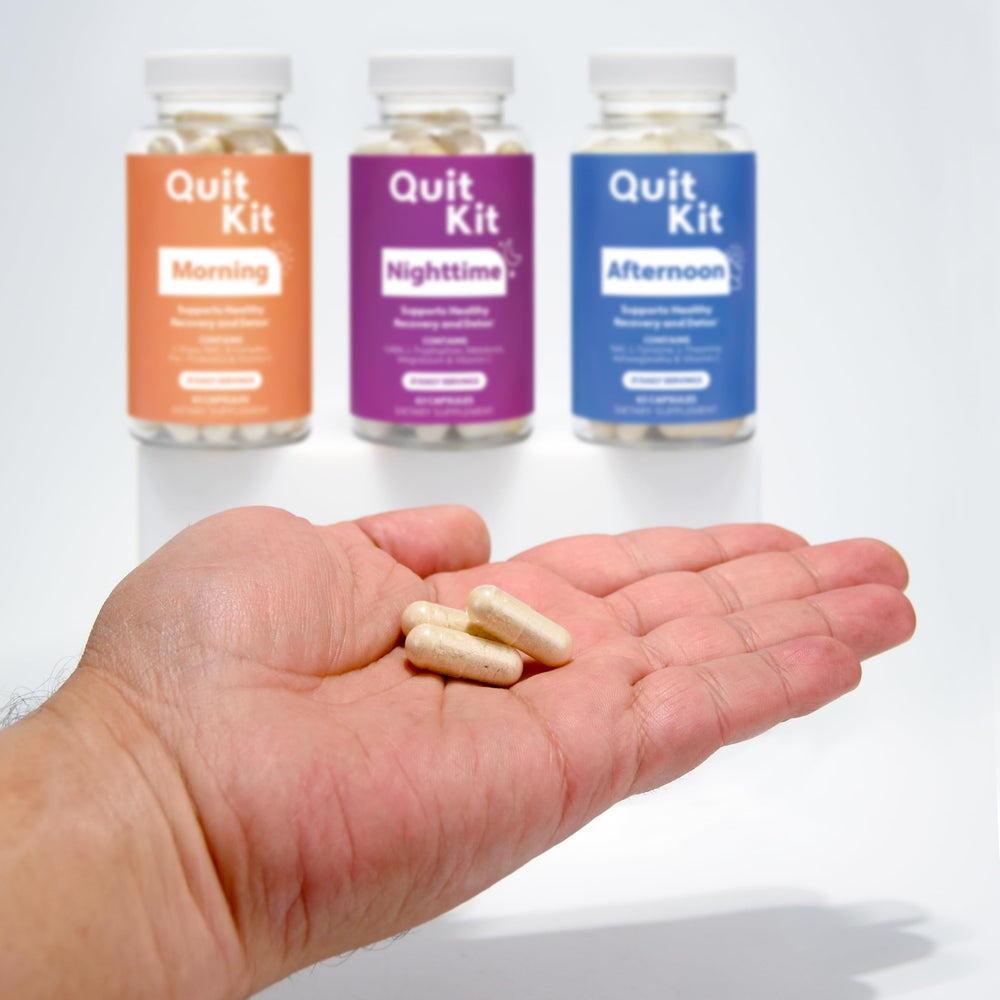 Quit Kit morning daily use pills shown for steady energy and focus.