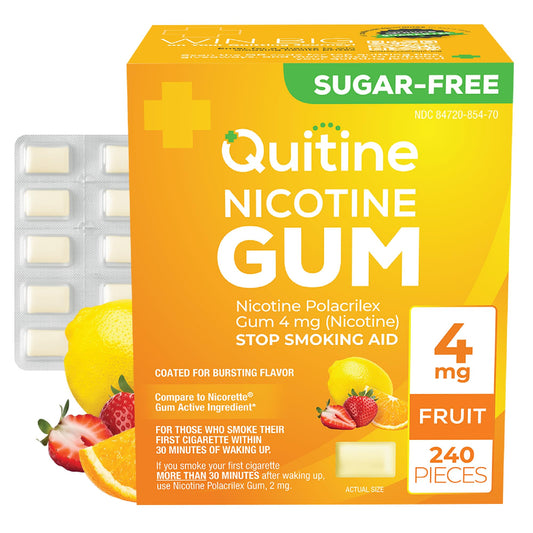 Quitine Nicotine Gum 4mg fruit packaging shown for easy cravings management.