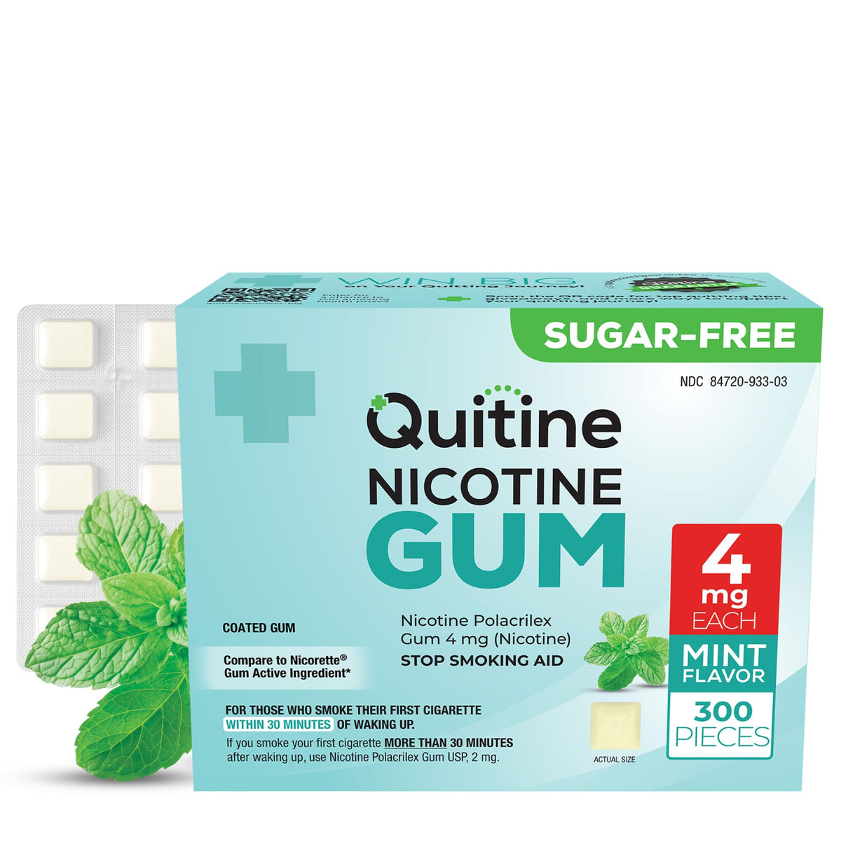 Quitine 4mg mint gum bottle highlights quick-burst mint flavor for fast craving relief.