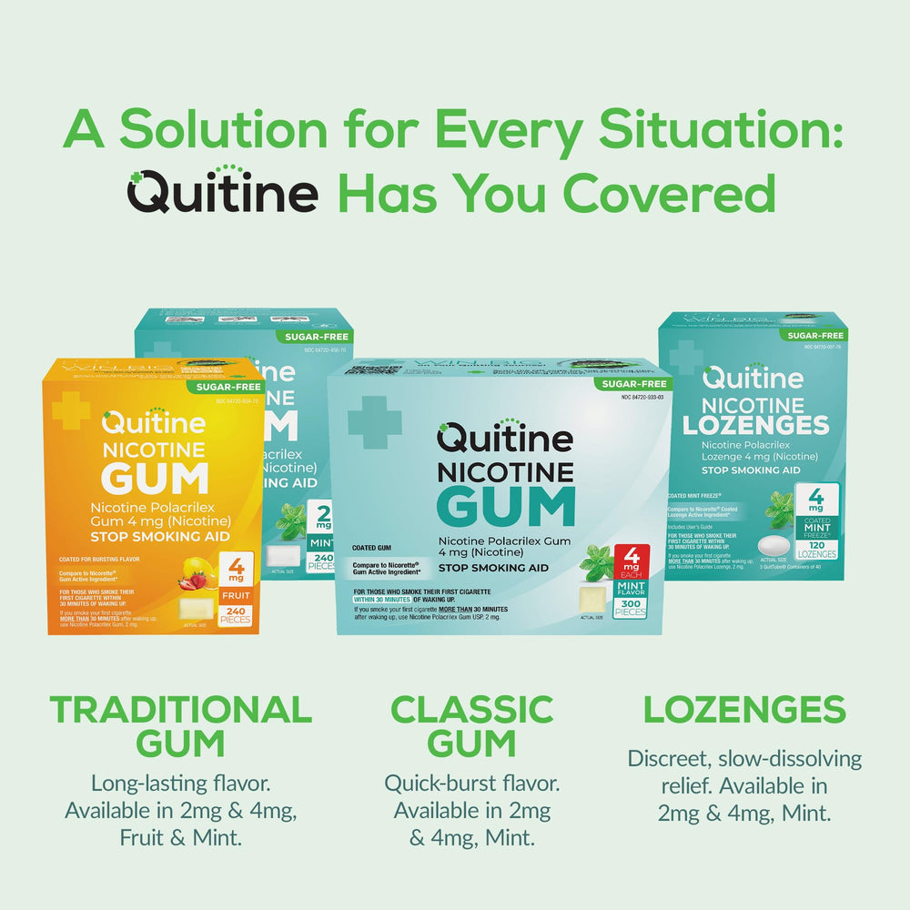 Hand holding Quitine gum pack ready for quick relief on the go.