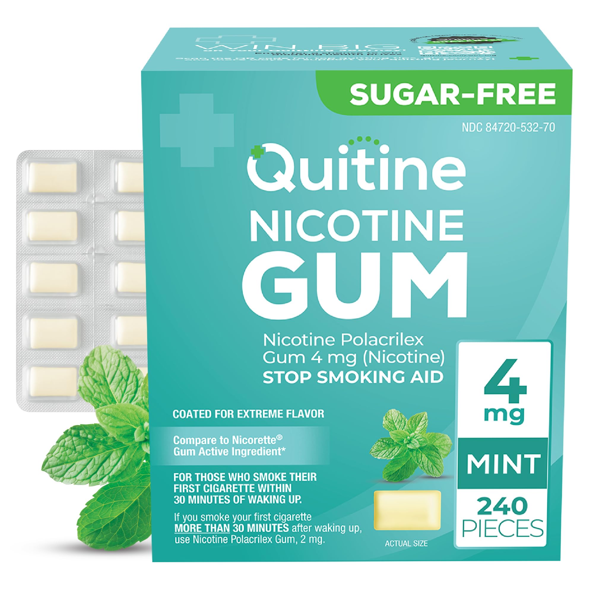 Quitine 4mg Mint gum pack front shows 240-count value for cravings support