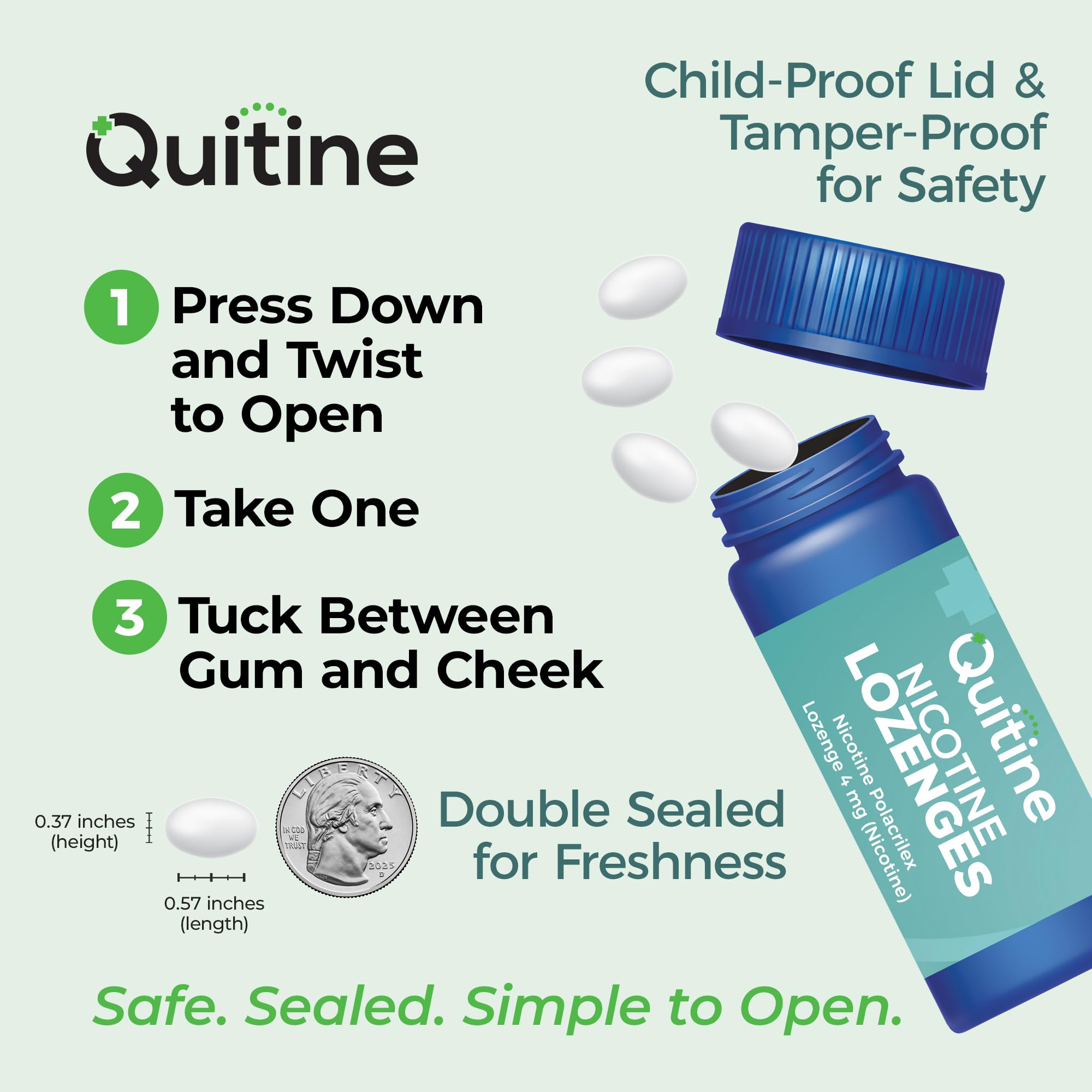 Quitine lozenges mint dispenser image conveys portability for on the go use.