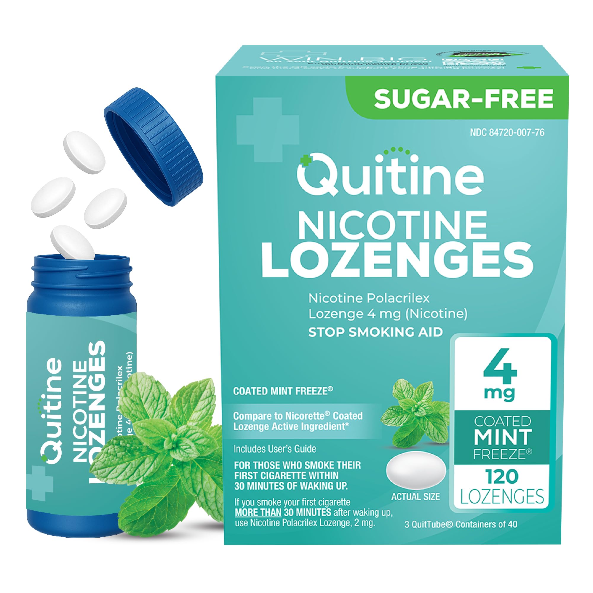 Quitine nicotine lozenges 4mg mint box shows 120-count value for ongoing craving support.