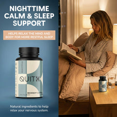 QuitK Recovery bottle back label highlights ingredients and usage.