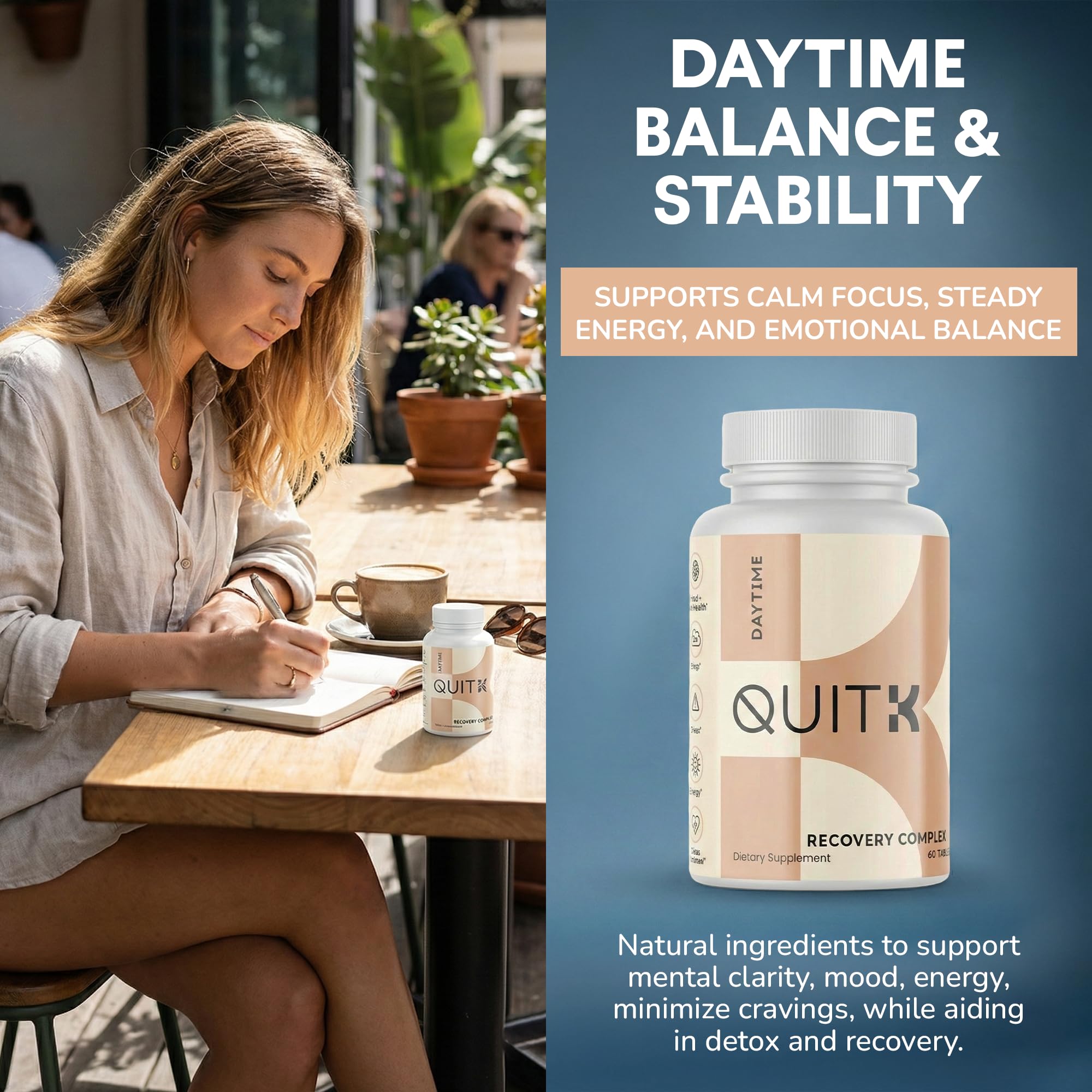 QuitK Recovery bottle front label shows day and night formulas.