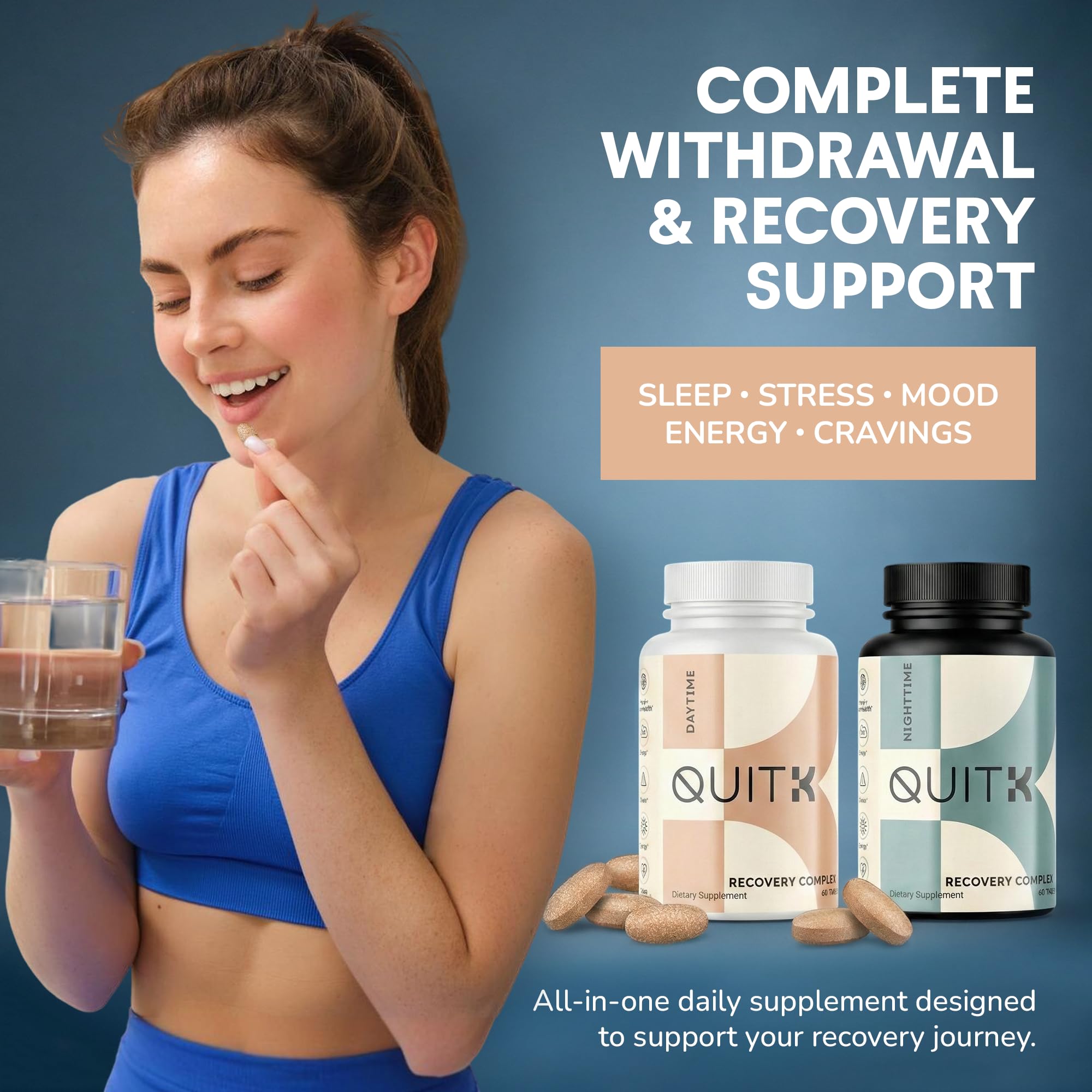 QuitK Recovery Nighttime Tablets support relaxed, restorative sleep.