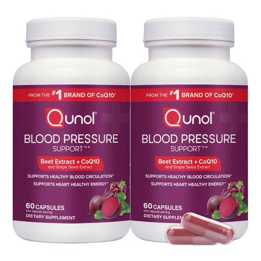 Qunol blood-pressure-support capsules with beets, CoQ10, and grape seed for heart-friendly daily wellness.