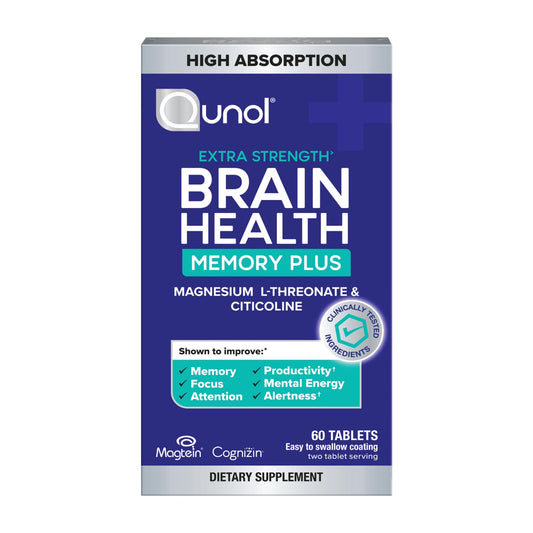 Qunol Brain Health Memory Plus bottle on a desk for daily focus and clarity.