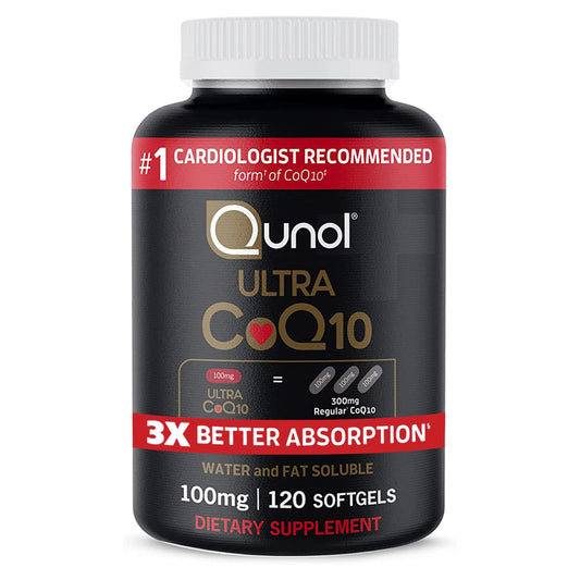 Qunol CoQ10 100mg softgels bottle for daily heart health support
