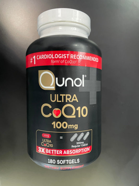 Qunol CoQ10 100mg softgels bottle close-up highlighting ultra absorption benefits.