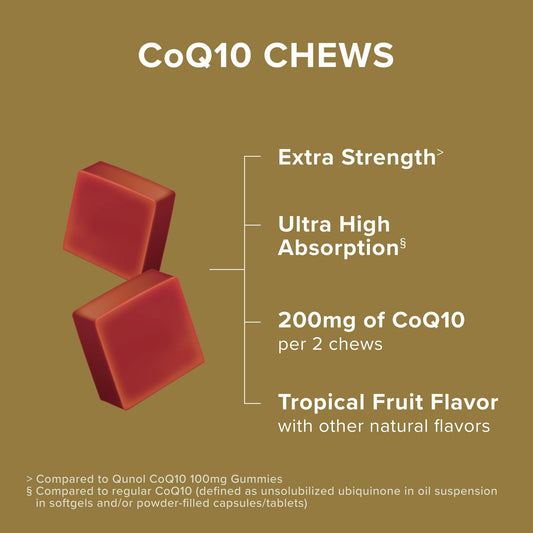 Qunol CoQ10 200mg soft chews serving outside bottle demonstrates easy dosing.