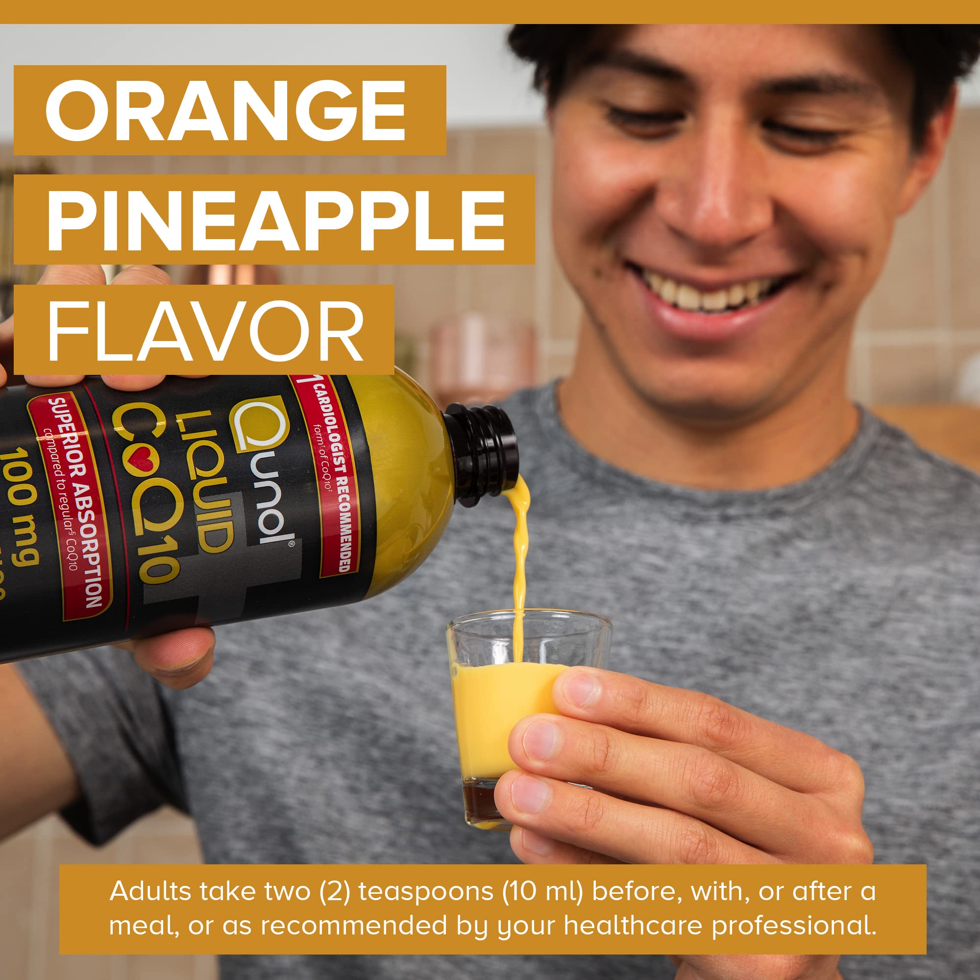 Qunol liquid CoQ10 bottle with glass ready for hydration