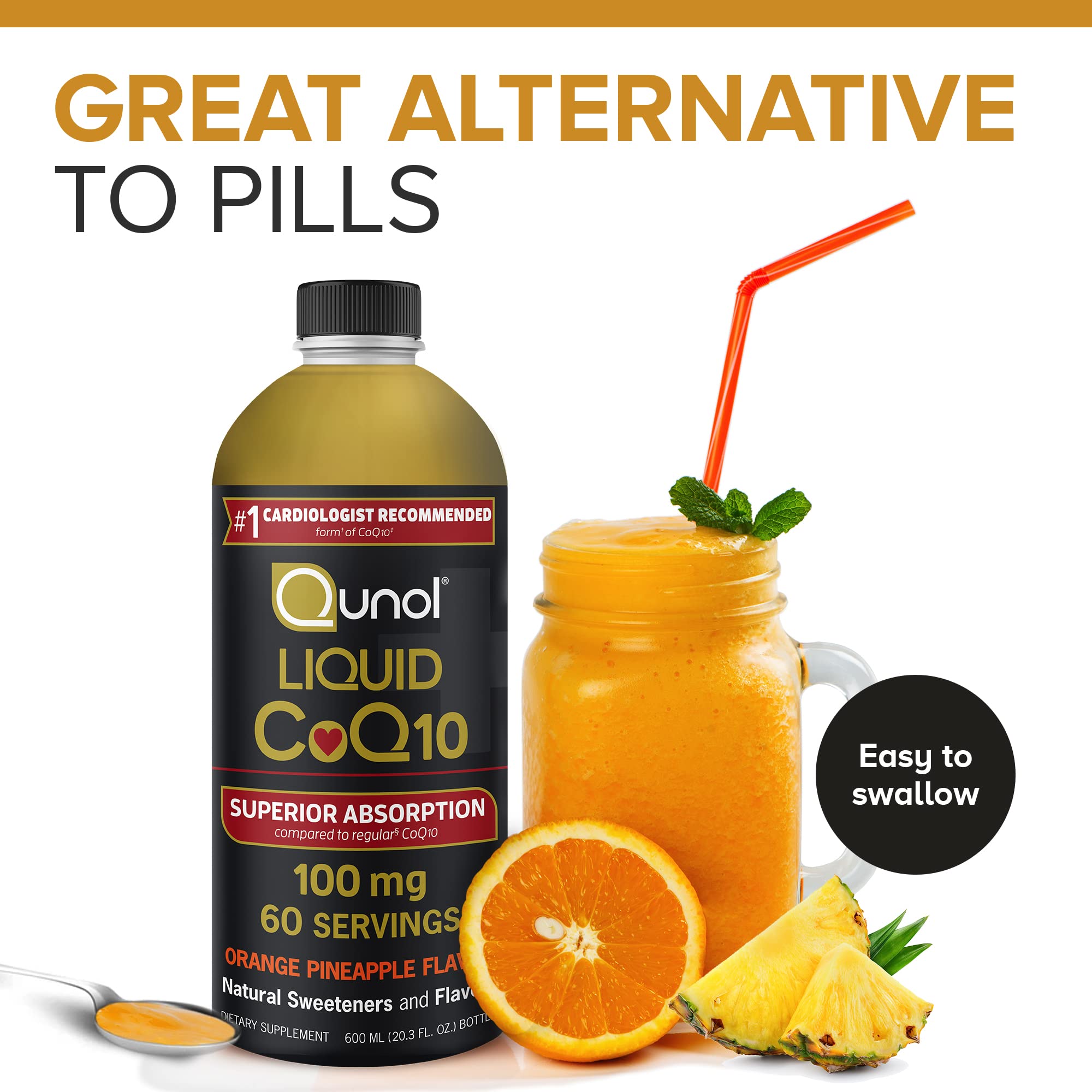 Qunol liquid CoQ10 bottle pour demonstrates easy dosing for on-the-go routine