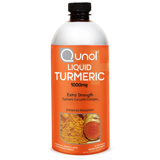 Qunol Liquid Turmeric bottle pouring to show easy absorption with black pepper boost