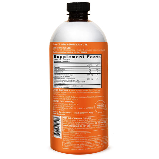 Qunol Liquid Turmeric label closeup highlighting 1000mg curcumin and absorption boost