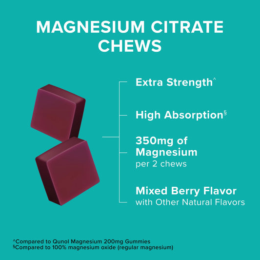 Qunol Magnesium Citrate Soft Chews two-chew serving on wood surface