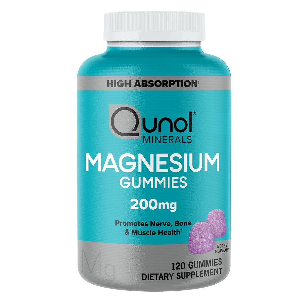 Qunol Magnesium Gummies bottle front with berry flavor and 200 mg magnesium
