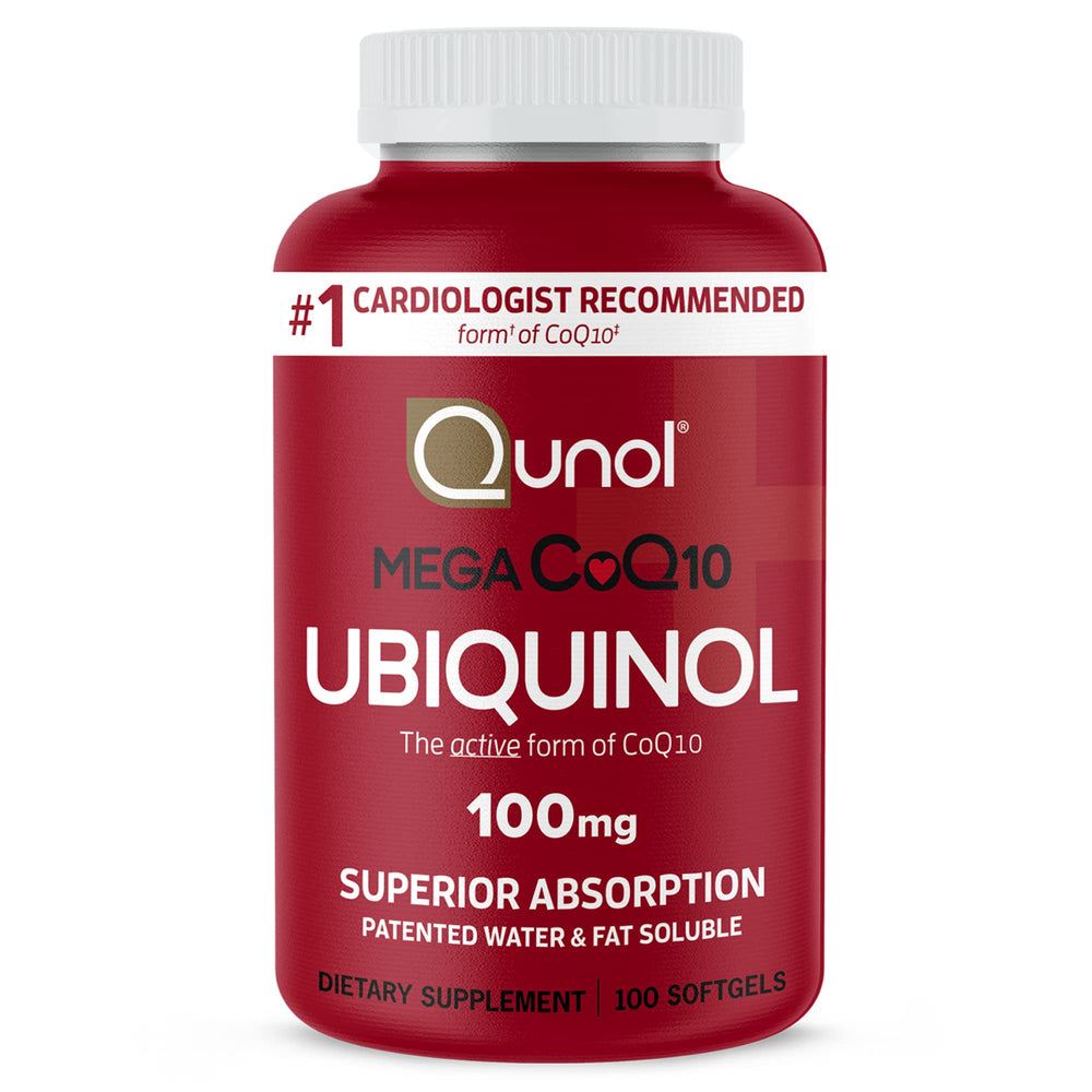 Qunol Mega Ubiquinol 100mg softgels bottle front view for daily energy support