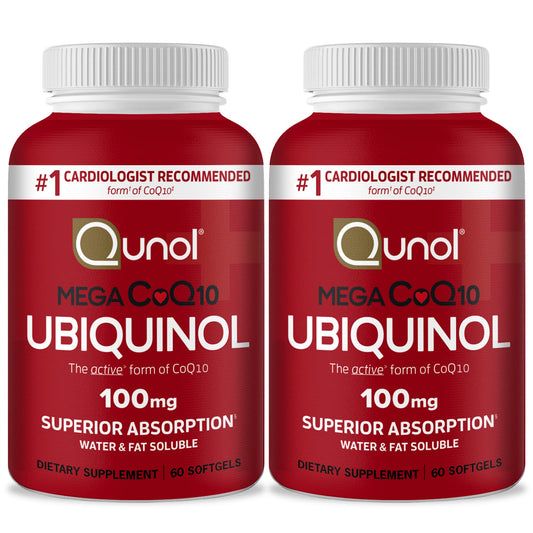 Qunol Mega Ubiquinol CoQ10 100mg bottle shown for daily energy support