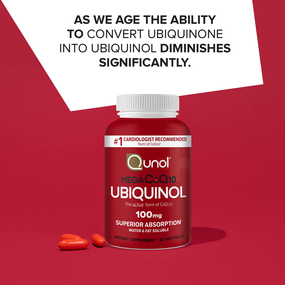 Qunol Mega Ubiquinol CoQ10 packaging highlighting packaging and two bottles