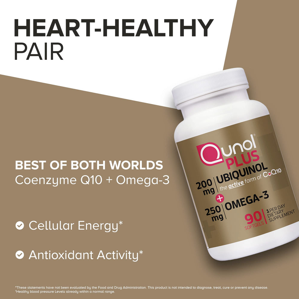 Daily dosage reminder with Qunol Plus bottle on a counter