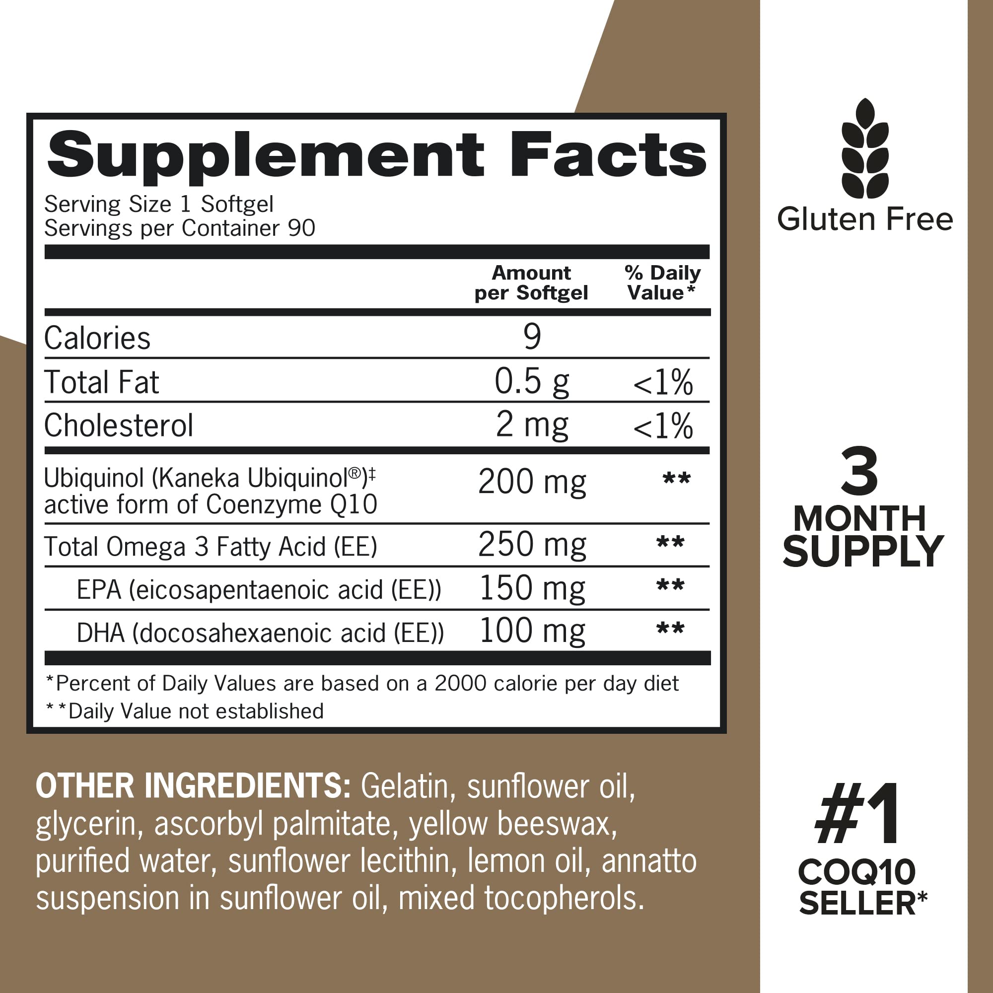 Qunol Plus nutrition facts label detailing CoQ10 and omega-3