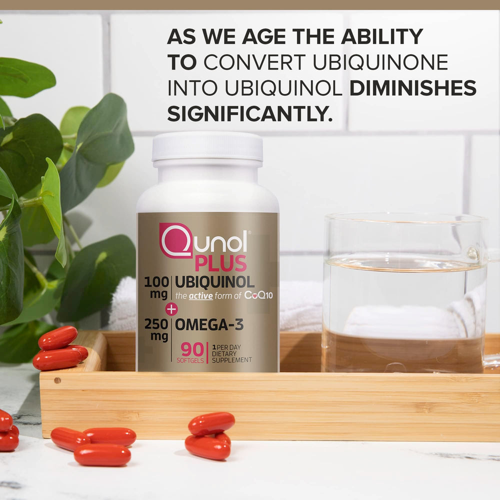 Qunol Plus omega-3 softgels close-up highlighting omega-3 intake