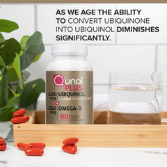 Qunol Plus omega-3 softgels close-up highlighting omega-3 intake
