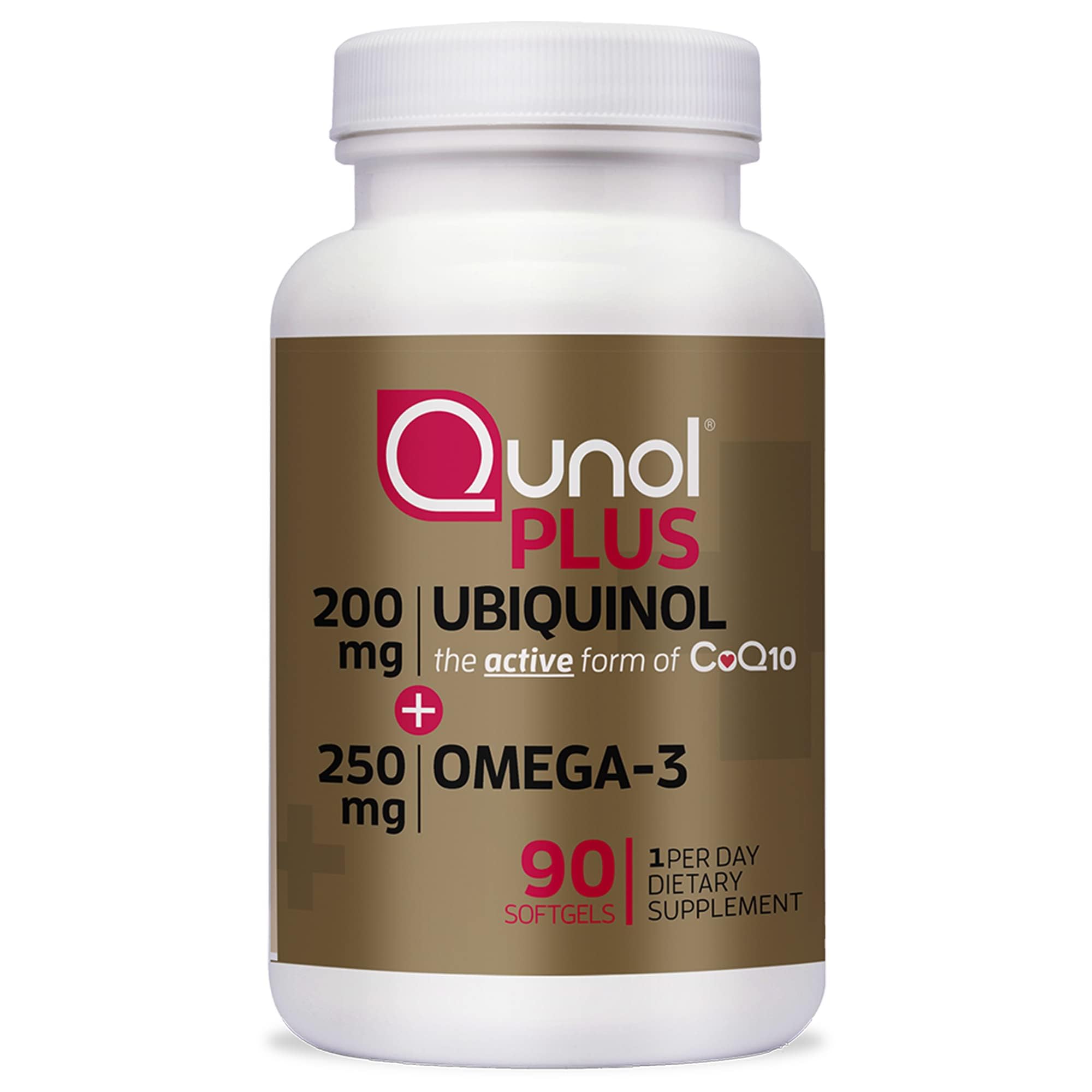 Qunol Plus ubiquinol bottle pour shows easy daily dosing for energy support