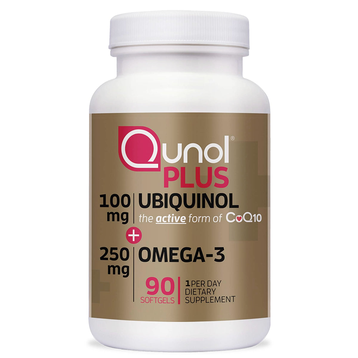 Qunol Plus ubiquinol omega-3 bottle front showing the product name and daily support idea