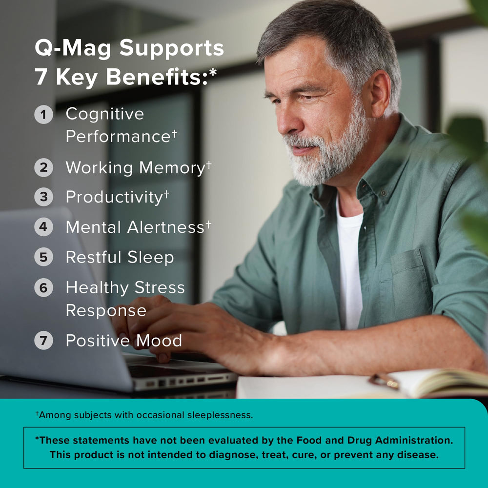Qunol Q-Mag label front emphasizes Magtein magnesium for brain health and alertness.