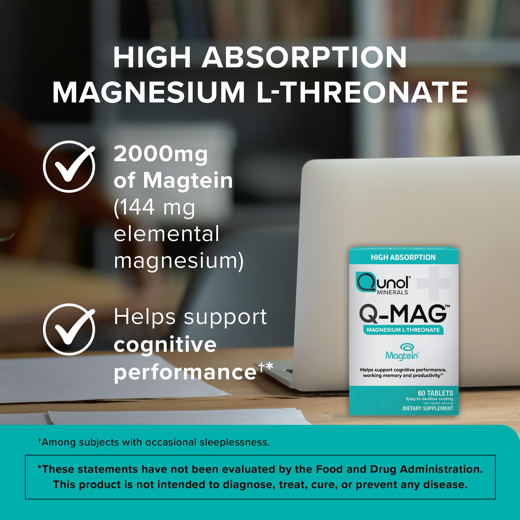Qunol Q-Mag two-tablets serving demonstrates simple daily dosage for cognitive focus.
