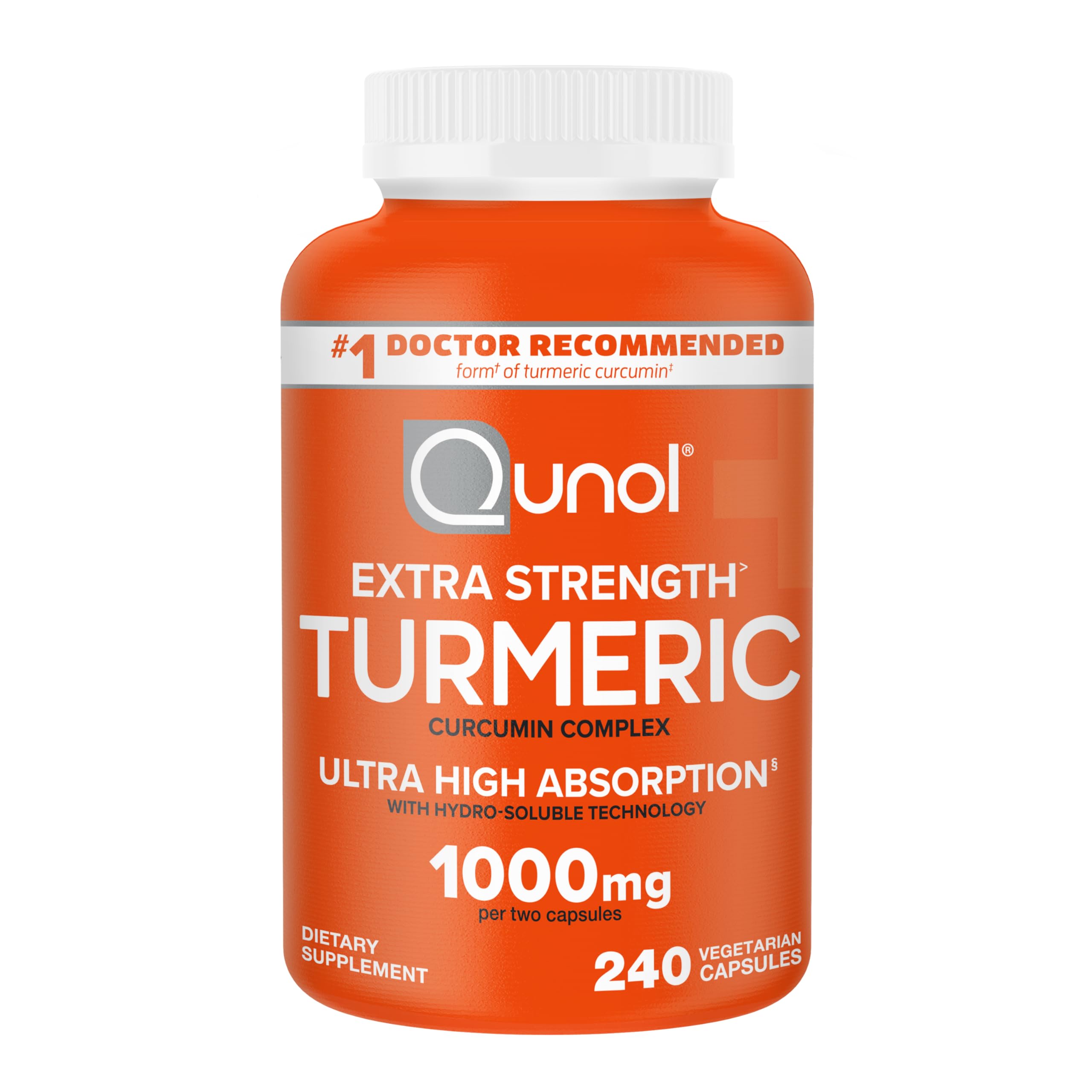 Qunol Turmeric capsules bottle front showing 240-count supply for daily joint support.