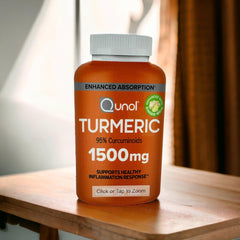 Qunol Turmeric Curcumin bottle highlighting enhanced absorption with black pepper